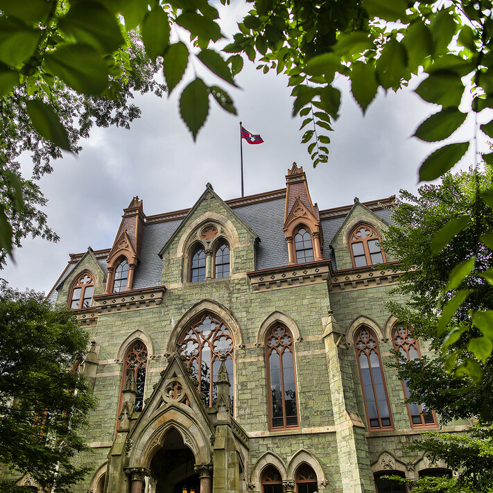 front of college hall looking through college green trees